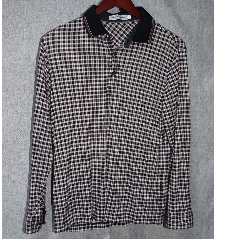 Pierre Cardin Mens Small Long Sleeve Polo Shirt Check Pattern Black Red White